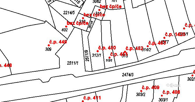 Kyjov 450 na parcele st. 312/1 v KÚ Kyjov, Katastrální mapa