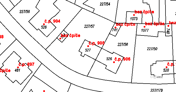 Švermov 905, Kladno na parcele st. 527 v KÚ Hnidousy, Katastrální mapa
