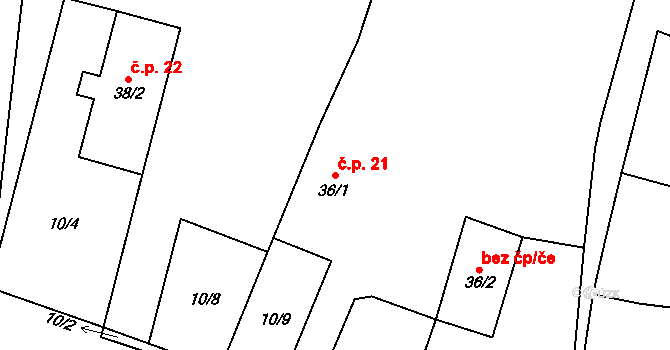 Trnava 21, Boharyně na parcele st. 36/1 v KÚ Trnava, Katastrální mapa