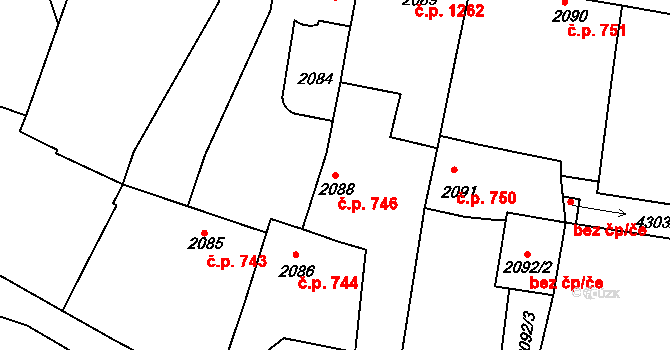Roudnice nad Labem 746 na parcele st. 2088 v KÚ Roudnice nad Labem, Katastrální mapa