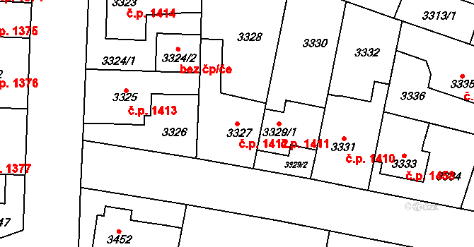 Horní Počernice 1412, Praha na parcele st. 3327 v KÚ Horní Počernice, Katastrální mapa