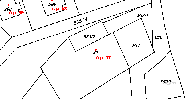 Tihava 12, Kotopeky na parcele st. 80 v KÚ Kotopeky, Katastrální mapa