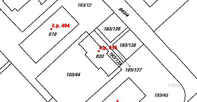 Sezimovo Ústí 616 na parcele st. 620 v KÚ Sezimovo Ústí, Katastrální mapa
