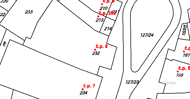 Újezd u Brna 8 na parcele st. 232 v KÚ Újezd u Brna, Katastrální mapa