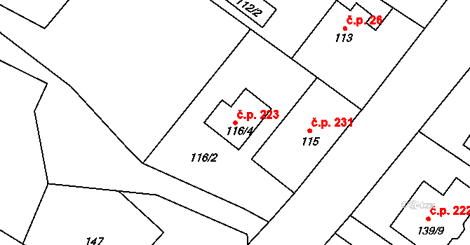 Dolní Ves 223, Fryšták na parcele st. 116/4 v KÚ Dolní Ves, Katastrální mapa
