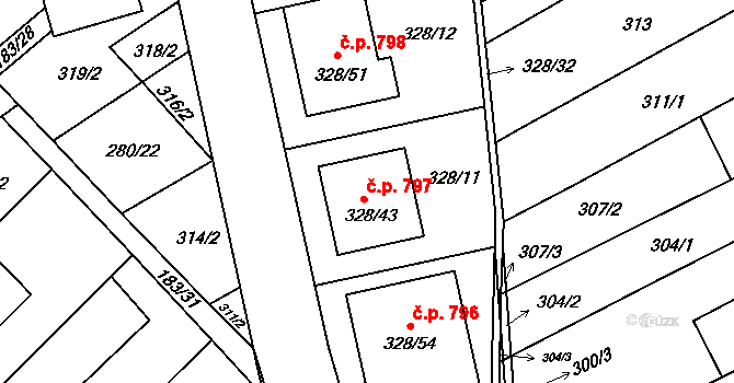 Šardice 797 na parcele st. 328/43 v KÚ Šardice, Katastrální mapa