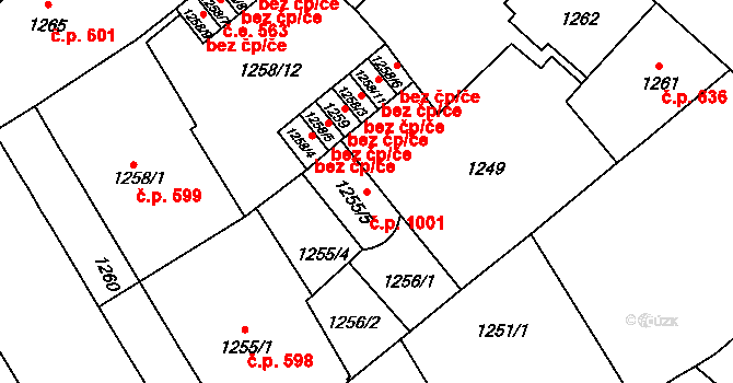 Veveří 1001, Brno na parcele st. 1255/5 v KÚ Veveří, Katastrální mapa