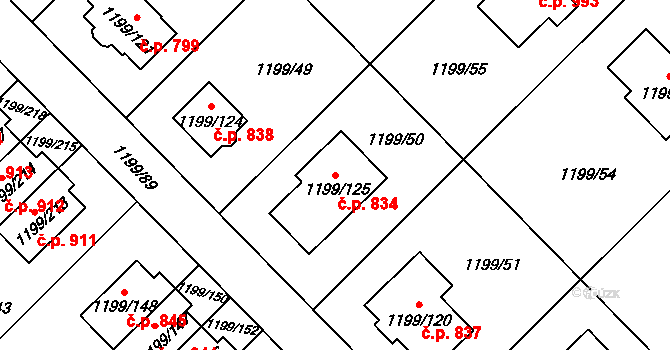 Vejprnice 834 na parcele st. 1199/125 v KÚ Vejprnice, Katastrální mapa