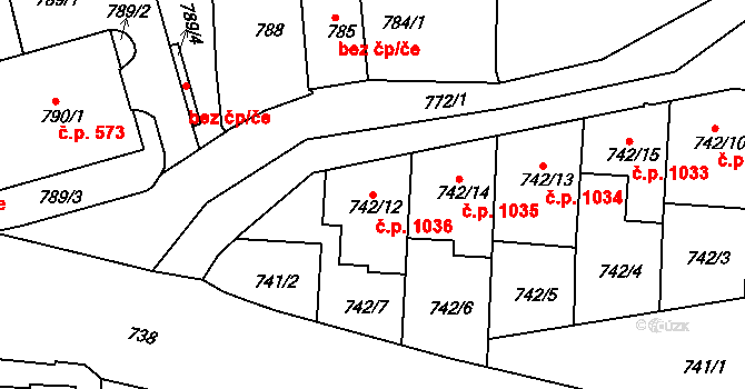 Jemnice 1036 na parcele st. 742/12 v KÚ Jemnice, Katastrální mapa