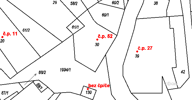 Nahoruby 52, Křečovice na parcele st. 30 v KÚ Nahoruby, Katastrální mapa