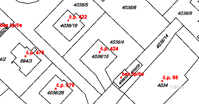 Choceňské Předměstí 424, Vysoké Mýto na parcele st. 4036/15 v KÚ Vysoké Mýto, Katastrální mapa