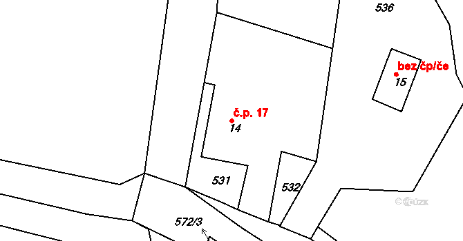 Hubenov 17, Horní Bělá na parcele st. 14 v KÚ Hubenov u Horní Bělé, Katastrální mapa