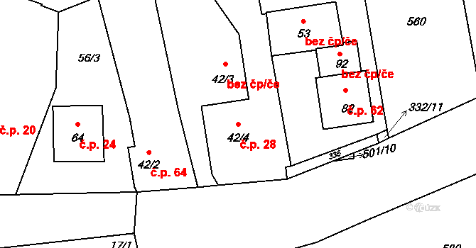 Bořice 28, Zahořany na parcele st. 42/4 v KÚ Bořice u Domažlic, Katastrální mapa