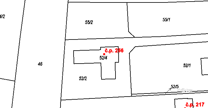 Řícmanice 256 na parcele st. 52/4 v KÚ Řícmanice, Katastrální mapa