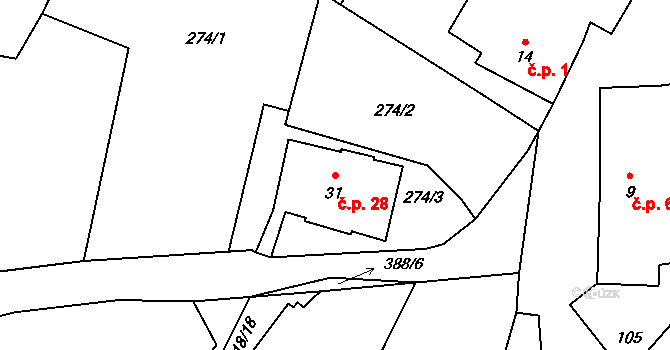 Jaroškov 28, Stachy na parcele st. 31 v KÚ Jaroškov, Katastrální mapa