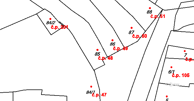 Husinec 48 na parcele st. 85 v KÚ Husinec, Katastrální mapa