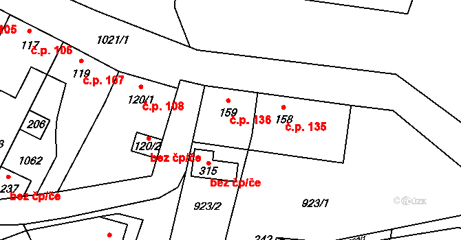Měcholupy 136 na parcele st. 159 v KÚ Měcholupy u Žatce, Katastrální mapa