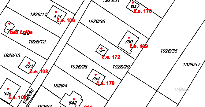 Losiná 172 na parcele st. 520 v KÚ Losiná u Plzně, Katastrální mapa
