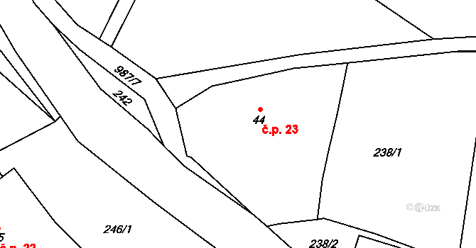 Souvrať 23, Mostek na parcele st. 44 v KÚ Souvrať, Katastrální mapa