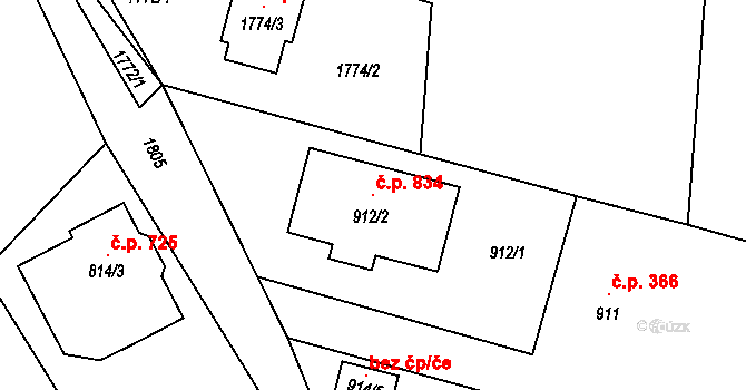 Hrádek nad Nisou 834 na parcele st. 912/2 v KÚ Hrádek nad Nisou, Katastrální mapa