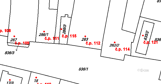 Hevlín 112 na parcele st. 283 v KÚ Hevlín, Katastrální mapa