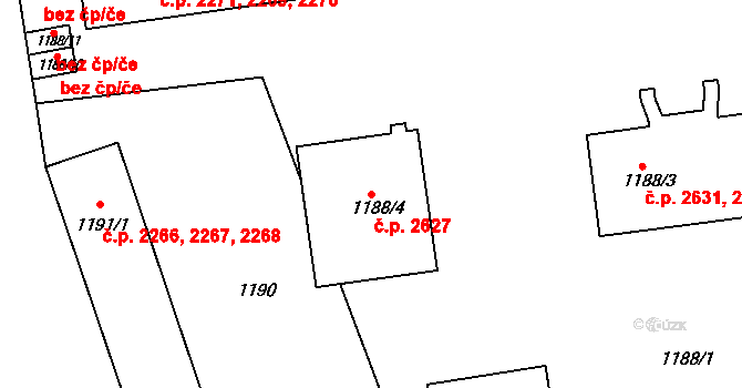 Znojmo 2627 na parcele st. 1188/4 v KÚ Znojmo-město, Katastrální mapa