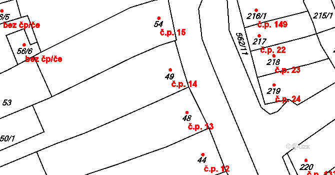 Uhřičice 14 na parcele st. 49 v KÚ Uhřičice, Katastrální mapa
