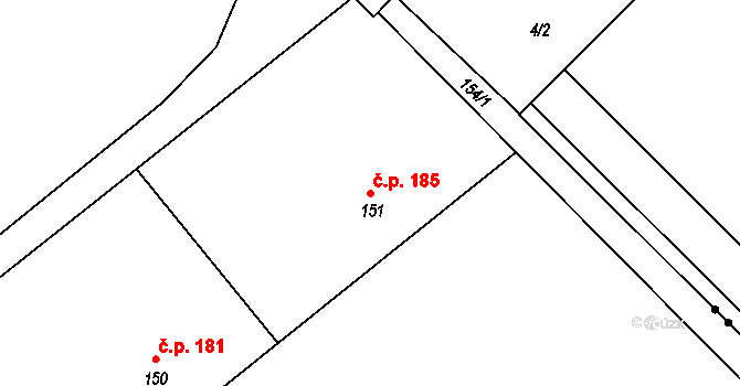 Staré Město 185, Třinec na parcele st. 151 v KÚ Třinec, Katastrální mapa