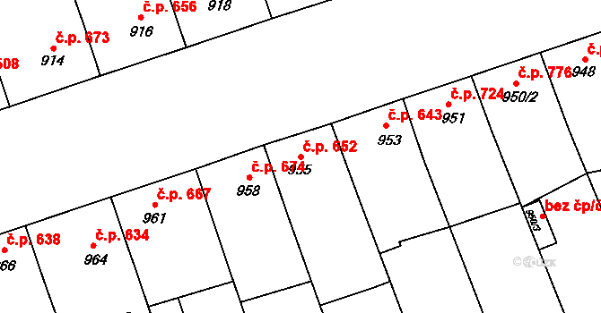 Lužice 652 na parcele st. 955 v KÚ Lužice u Hodonína, Katastrální mapa