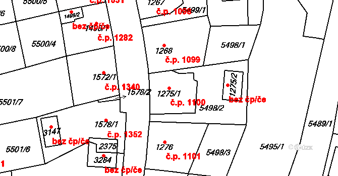 Kraslice 1100 na parcele st. 1275/1 v KÚ Kraslice, Katastrální mapa