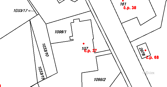 Ostravice 37 na parcele st. 107 v KÚ Ostravice 1, Katastrální mapa