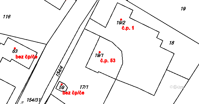 Olešnice 53, Bouzov na parcele st. 19/1 v KÚ Olešnice u Bouzova, Katastrální mapa