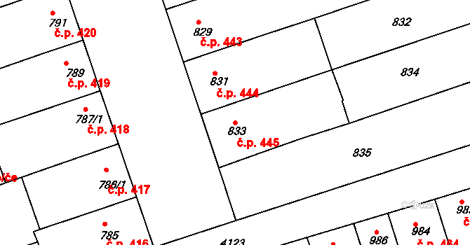 Roudnice nad Labem 445 na parcele st. 833 v KÚ Roudnice nad Labem, Katastrální mapa