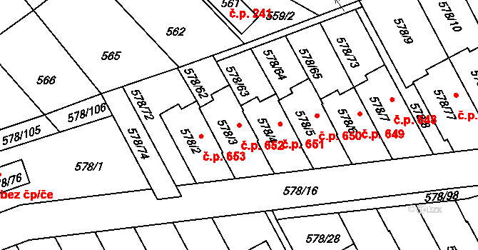 Planá nad Lužnicí 652 na parcele st. 578/3 v KÚ Planá nad Lužnicí, Katastrální mapa