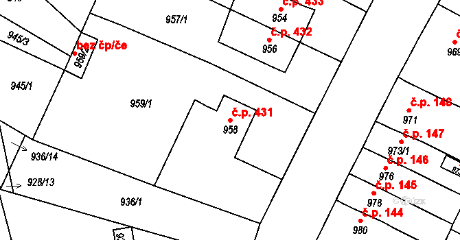 Miřetice u Klášterce nad Ohří 431, Klášterec nad Ohří na parcele st. 958 v KÚ Miřetice u Klášterce nad Ohří, Katastrální mapa