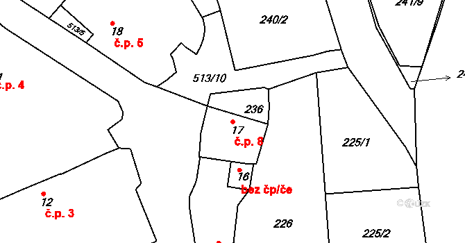 Řípov 8, Třebíč na parcele st. 17 v KÚ Řípov, Katastrální mapa