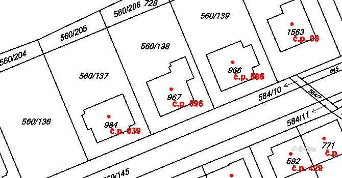 Podklášteří 596, Třebíč na parcele st. 967 v KÚ Podklášteří, Katastrální mapa