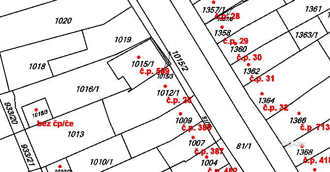 Obřany 25, Brno na parcele st. 1012/1 v KÚ Obřany, Katastrální mapa