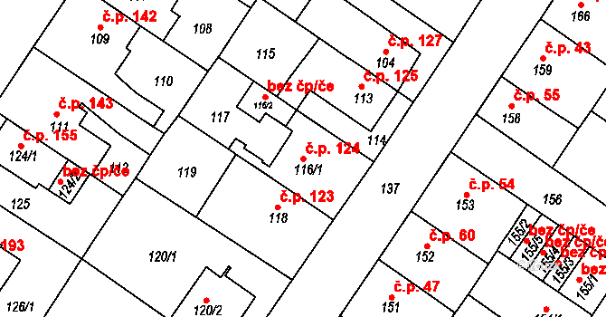 Prosetice 124, Teplice na parcele st. 116/1 v KÚ Prosetice, Katastrální mapa