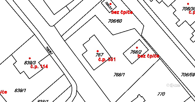Frýdek 351, Frýdek-Místek na parcele st. 767 v KÚ Frýdek, Katastrální mapa