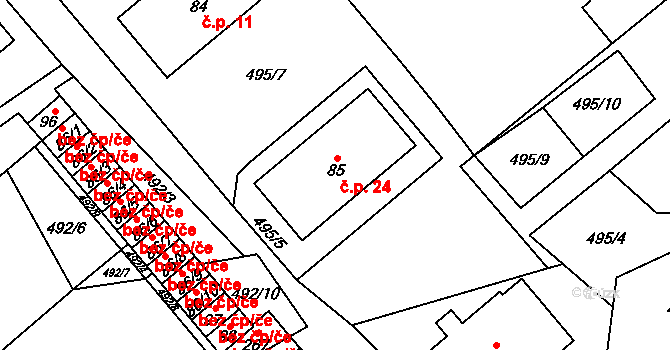 Hospříz 24 na parcele st. 85 v KÚ Hospříz, Katastrální mapa