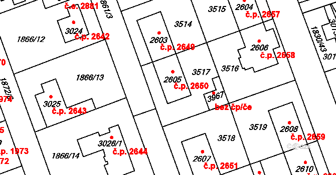 Hodonín 2650 na parcele st. 2605 v KÚ Hodonín, Katastrální mapa