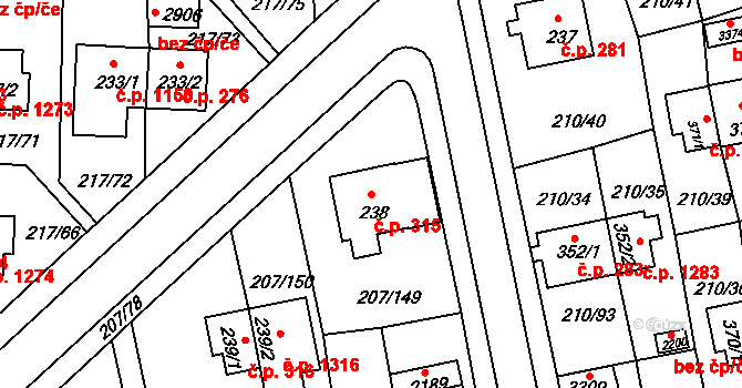 Sezimovo Ústí 315 na parcele st. 238 v KÚ Sezimovo Ústí, Katastrální mapa