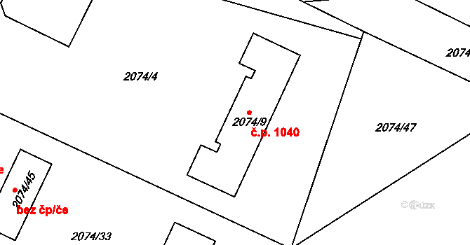Třemošná 1040 na parcele st. 2074/9 v KÚ Třemošná, Katastrální mapa