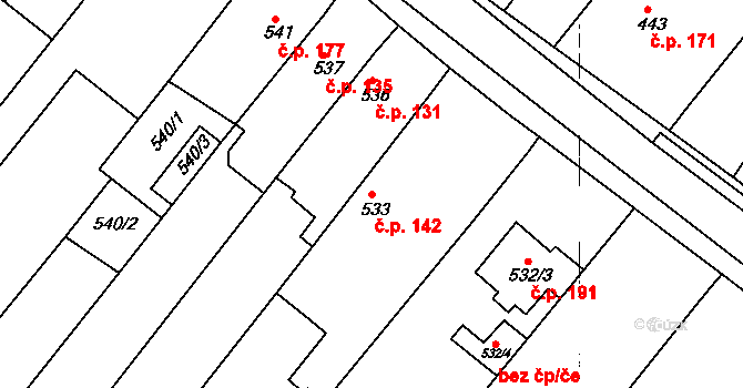 Královopolské Vážany 142, Rousínov na parcele st. 533/4 v KÚ Královopolské Vážany, Katastrální mapa