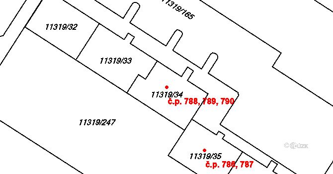 Severní Předměstí 788,789,790, Plzeň na parcele st. 11319/34 v KÚ Plzeň, Katastrální mapa