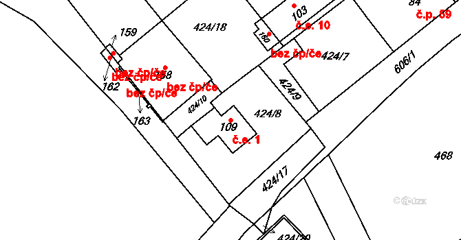 Říčky 1 na parcele st. 109 v KÚ Říčky u Brna, Katastrální mapa