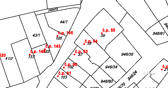 Čebín 54 na parcele st. 38 v KÚ Čebín, Katastrální mapa