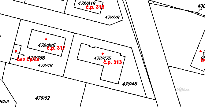 Roudné 313 na parcele st. 478/475 v KÚ Roudné, Katastrální mapa