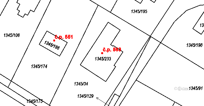 Pokratice 563, Litoměřice na parcele st. 1345/233 v KÚ Pokratice, Katastrální mapa